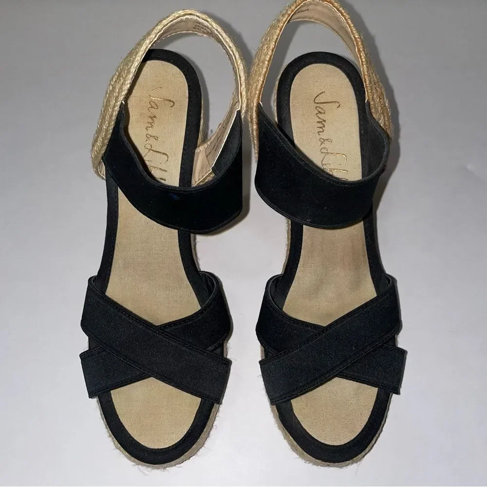 San & Libby Espadrille Wedge Sandals Black Strappy Women's Size 8